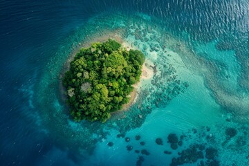 Aerial View of Lush Tropical Island and Coral Reef