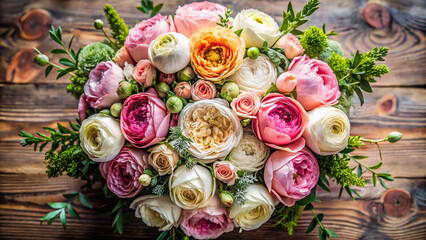 An overhead shot of a symmetrical flower bouquet, composed of roses, peonies, and ranunculus, creating an exquisite frame with a romantic atmosphere.