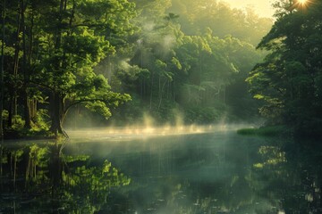 Fototapeta premium Sunlit Forest Reflected in Tranquil Lake