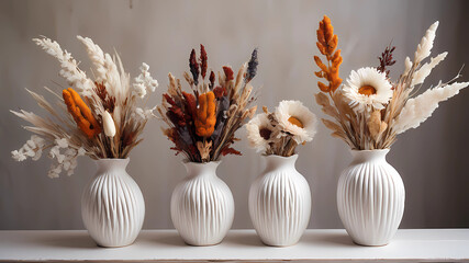 centerpiece, floral arrangement with dried and fresh flowers in trio of white ceramic vases, bohemian theme