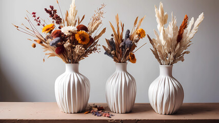centerpiece, floral arrangement with dried and fresh flowers in trio of white ceramic vases, bohemian theme