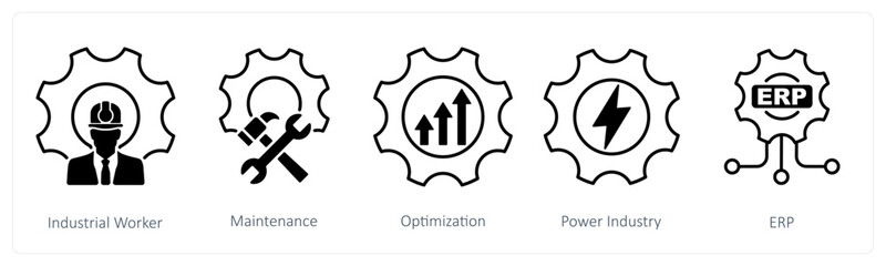 A set of 5 Industrial icons as industrial worker, maintenance, optimization