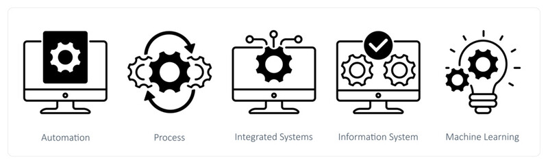 A set of 5 Industrial icons as automation, process, integrated systems