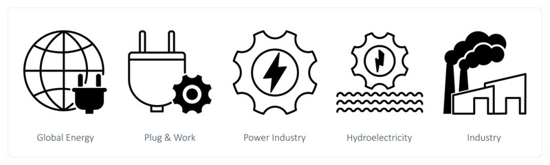A set of 5 Industrial icons as global energy, plug and work, power industry