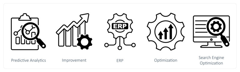 A set of 5 Industrial icons as predictive analytics, improvement, erp