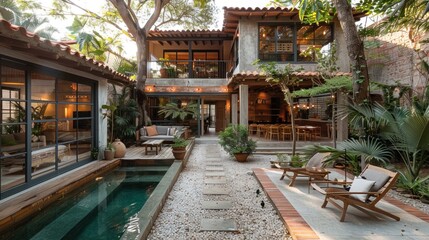 A clean, modern Mexican courtyard with minimal furnishings