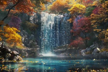Autumn Waterfall Surrounded by Vibrant Foliage
