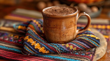 A simple clay mug filled with traditional Mexican hot chocolate