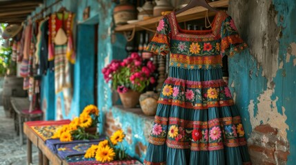Fototapeta premium A traditional Mexican dress hanging in a minimalistic room