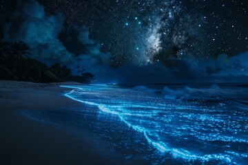 Naklejka premium Bioluminescent Beach Under Starry Night Sky