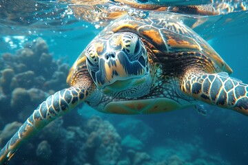 Fototapeta premium Closeup of a green sea turtle swimming underwater under the lights