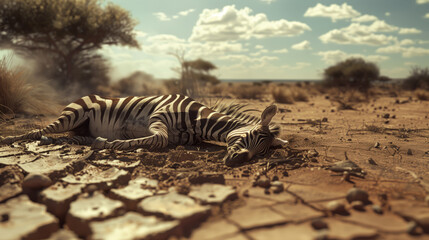 Drought in Africa. A dying zebra lies on the dry, cracked ground. The image conveys an atmosphere of loneliness and sadness.