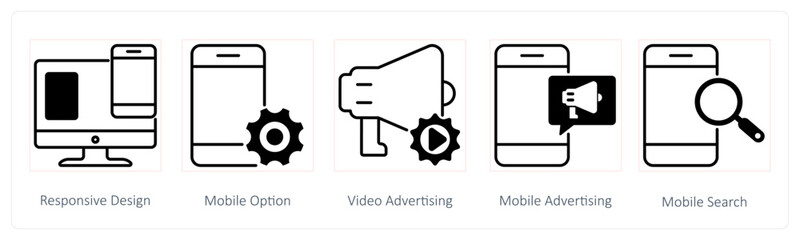 A set of 5 Seo icons as responsive design, mobile option, video advertising