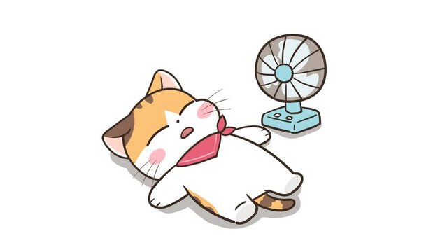 Summer Nap: Animated Cat with Fan - White Background