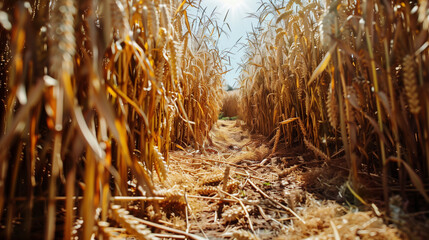 A field of wheat scorched by the hellish sun on a sunny summer day. The scene is quite gloomy and deserted. Crop failure of cereals