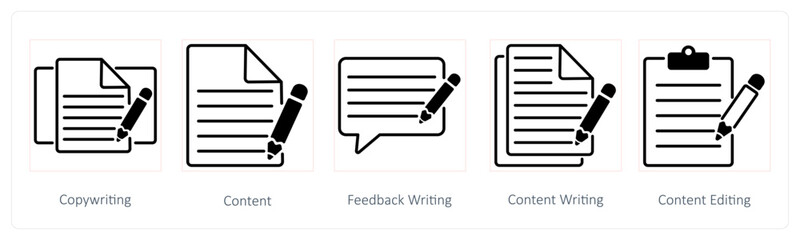 A set of 5 Seo icons as copywriting, content, feedback writing