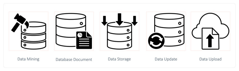 A set of 5 Seo icons as data mining, database document, data storage