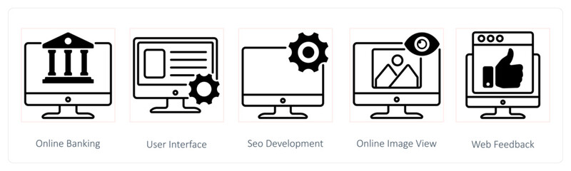 A set of 5 Seo icons as online banking, user interface, seo development