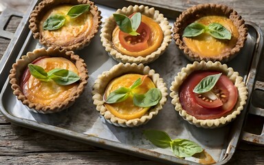 a tray with four small pastries made with tomato and basil, best selling, viral, trending, stock photos