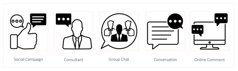 Fototapeta premium A set of 5 Seo icons as social campaign, consultant, group chat