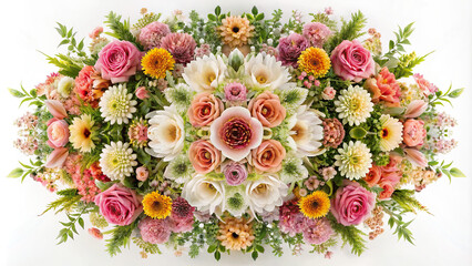 Various types of flowers arranged in a symmetrical pattern around a blank center, offering ample space for text