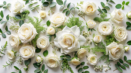 Overhead view of a flat lay arrangement of white roses and greenery forming an elegant border, ideal for wedding designs.