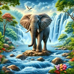 An elephant standing in front of a waterfall with trees and rocks around it.