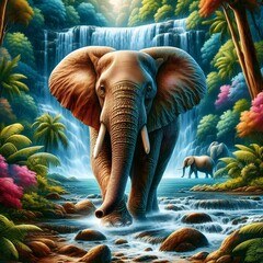 A painting of an elephant and a waterfall in the jungle.