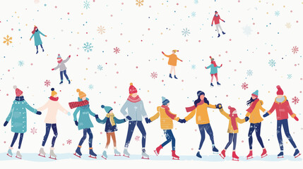 Crowd of active cartoon people ice skating on rink vector