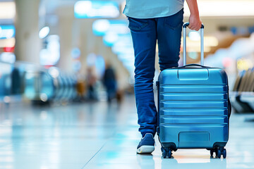 travel photography, hand holding suitcase, walking in the airport