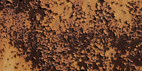Rusted metal surface with peeling paint, revealing intricate patterns and textures. The decayed appearance adds a vintage, weathered look, ideal for backgrounds or artistic projects