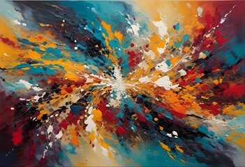 an abstract painting with a lot of colors on it and blue, orange, white