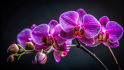 A close-up shot of a delicate purple orchid set against a dark backdrop, highlighting its intricate beauty.