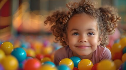 a happy little girl frolicking in a ball pit at a kids indoor play center