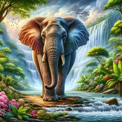 An elephant standing in front of a waterfall in a jungle-like environment.
