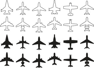 Set of Airplane icons. Airplane vectors designed in black flat style editable stock can used for web and mobile app. Flight ticket air fly travel takeoff silhouette elements on transparent background.
