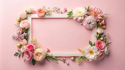 Fototapeta na wymiar Pastel flowers elegantly laid out in a rectangular frame on a soft pink background, perfect for text overlay.