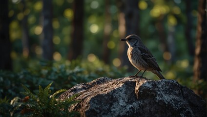 A bird sitting on a rock in the middle of some trees,.
