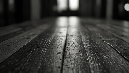 A black and white photo of a wooden table on top of wood floor,.