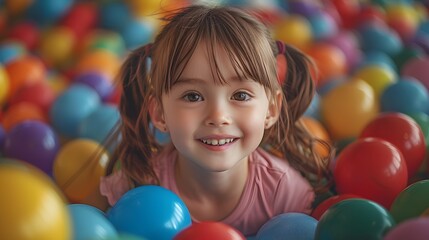 a happy little girl gleefully playing in a ball pit at a kids indoor play center