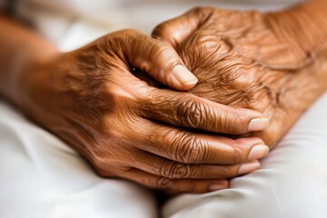 Fototapeta premium A close-up of elderly wrinkled hands being gently held, symbolizing care, compassion, and support for seniors.