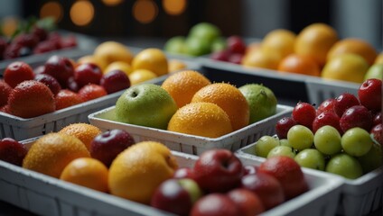 A bunch of different types of fruit in white trays,.