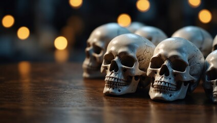 A bunch of white skulls sitting on top of a table,. - Powered by Adobe