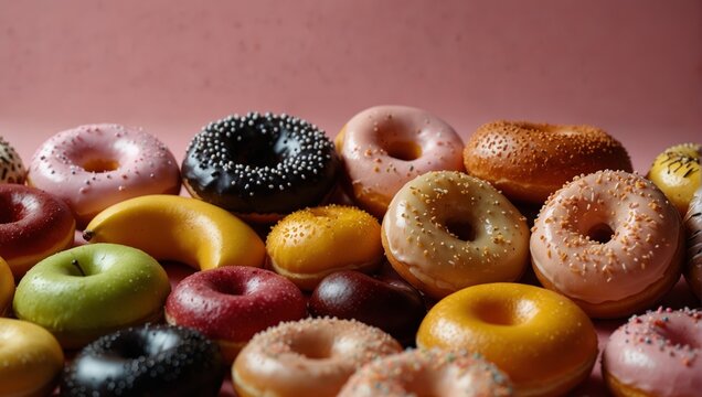 A bunch of different kinds of fruit and donuts on a pink background,.