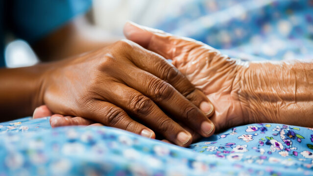 A caring moment between a young caregiver's hand and an elderly person's hand, signifying compassion and support.