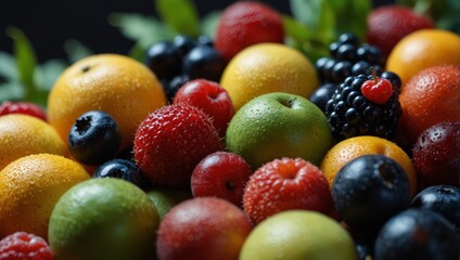 A close up of a bunch of different fruits and berries,.