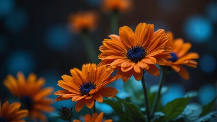 A close up of a bunch of flowers that are blue and orange,.