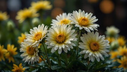 Fototapeta premium A close up of a bunch of flowers that are green and yellow,.