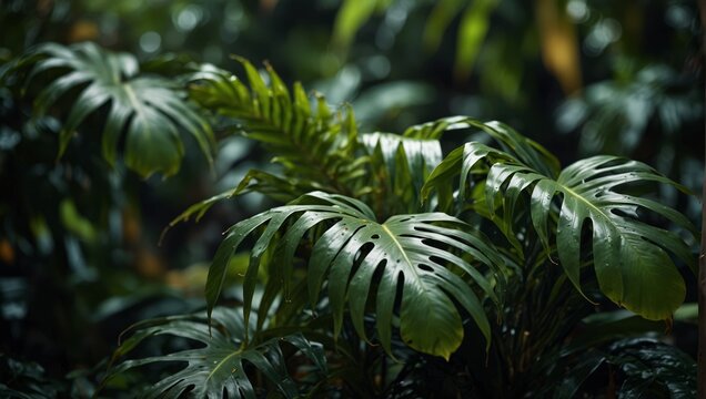 A close up of a bunch of tropical leaves that are green and yellow,.