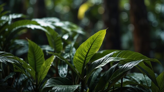 A close up of a bunch of tropical leaves that are green and yellow,.
